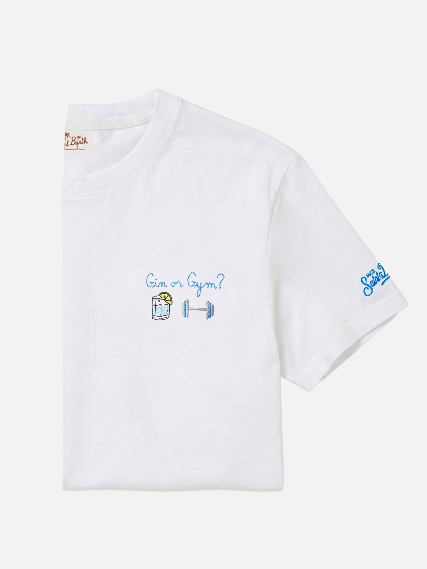 White Portofino T-shirt with Gin Or Gym? embroidery