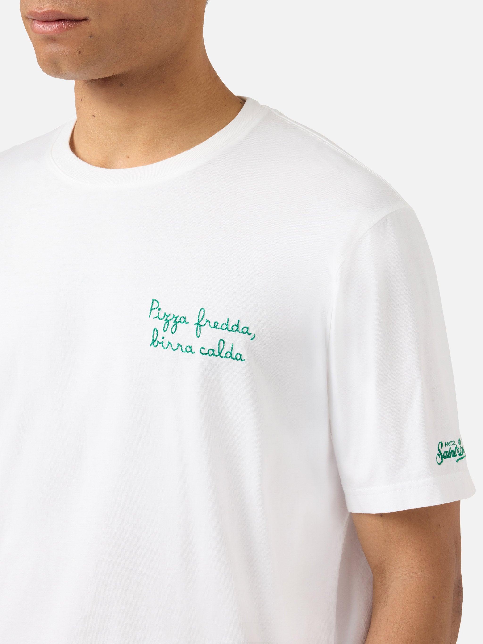 【新品未使用】DETAIL PONTE T-SHIRT (WHITE) White Portofino T-shirt with Pizza Fredda Birra Calda embroidery
