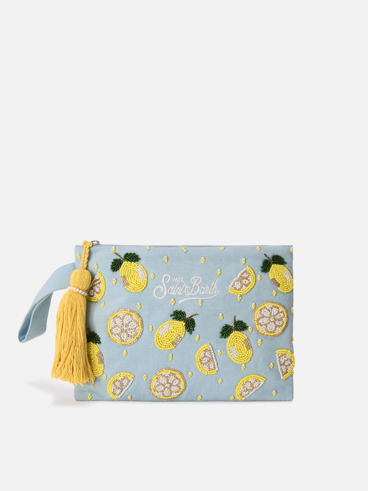 Light blue Pouch Pearl with beaded lemons