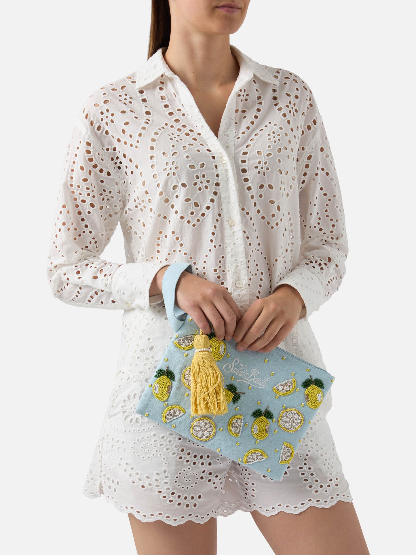 Hellblaue Pouch Pearl mit perlenbesetzten Zitronen 