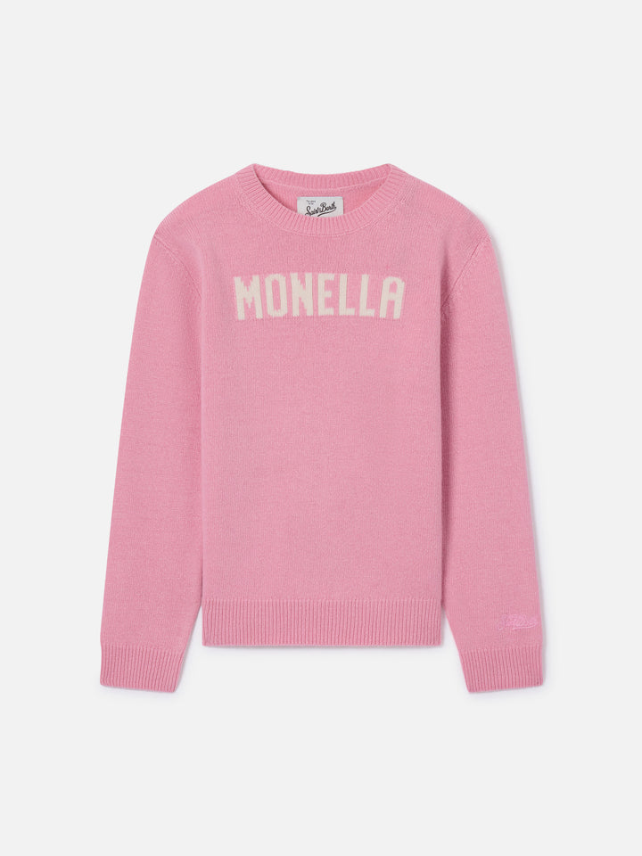 Maglione Princess girocollo rosa con lettering Monella