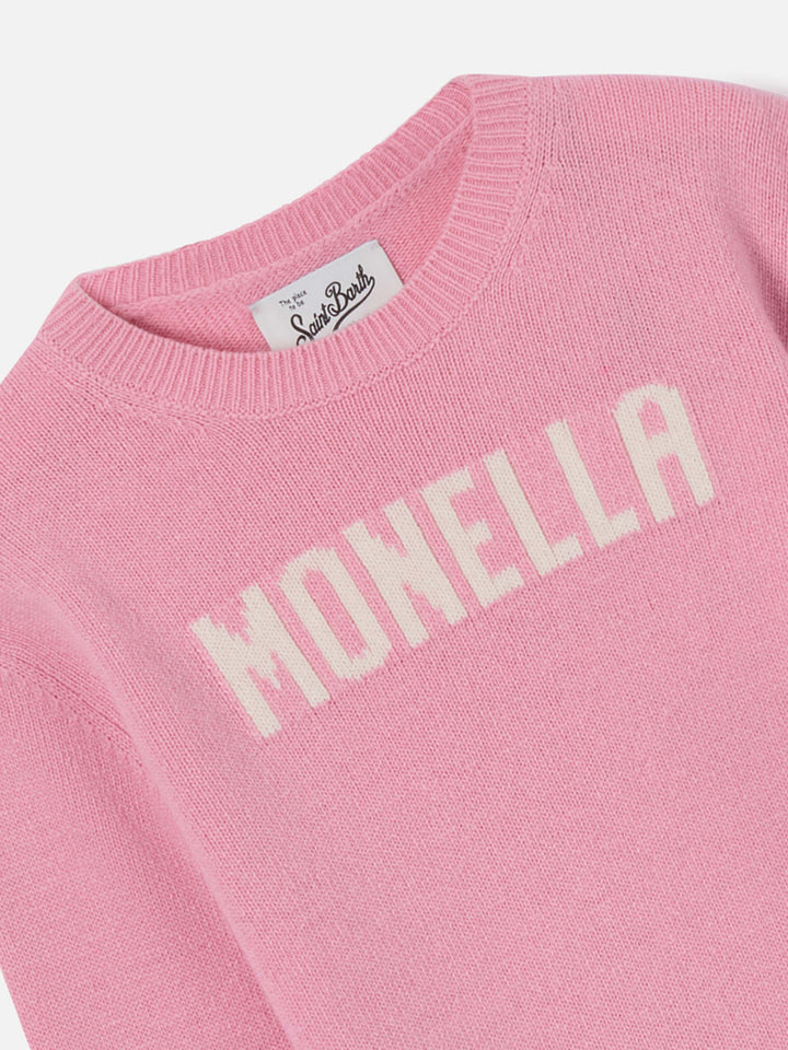 Maglione Princess girocollo rosa con lettering Monella