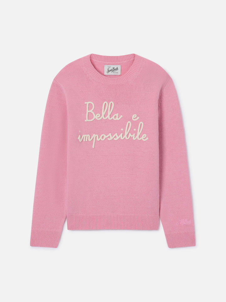 Maglione Princess girocollo rosa con ricamo Bella Impossibile