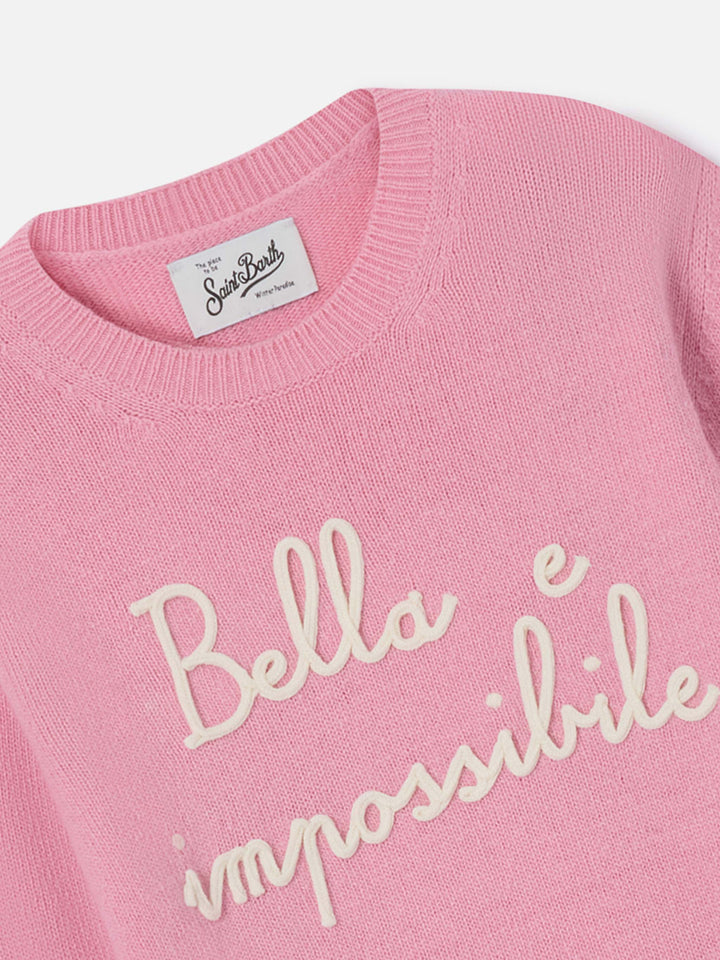 Maglione Princess girocollo rosa con ricamo Bella Impossibile
