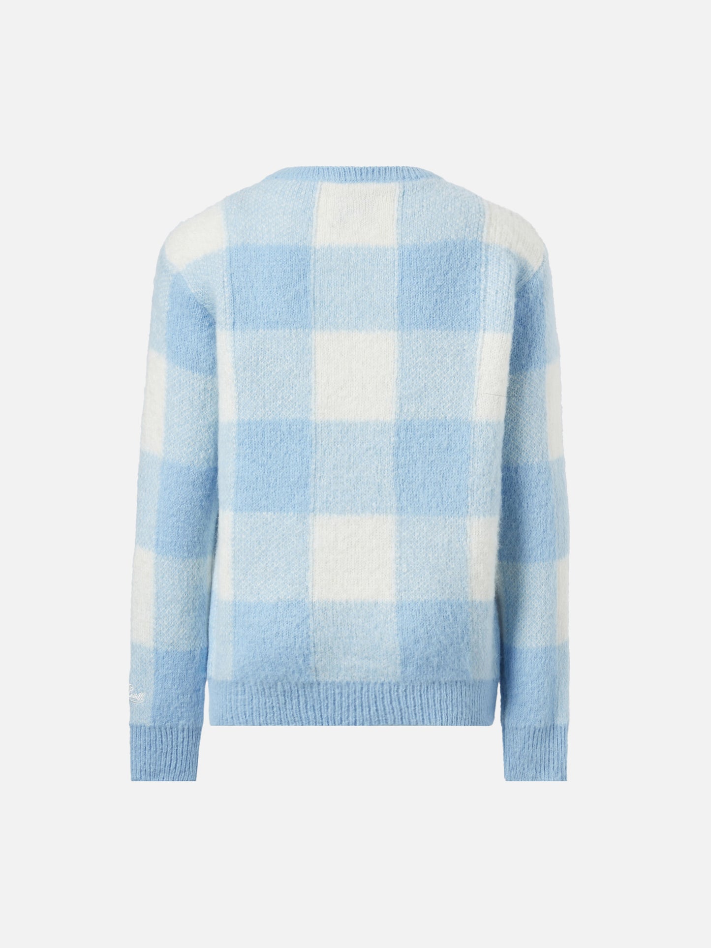 Rundhalspullover mit Karomuster und Uff… che noi-Stickerei