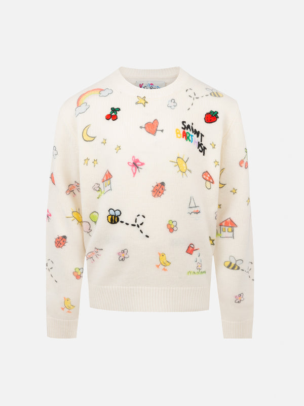 Girl white crewneck sweater Princess with Saint Barth sketch print