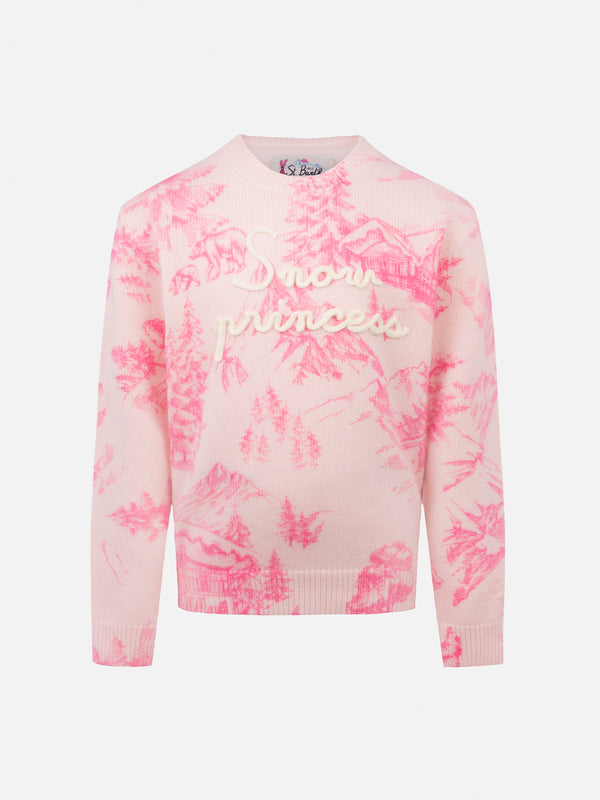 Girl pink crewneck sweater Princess with toile de jouy print and Snow Princess embroidery