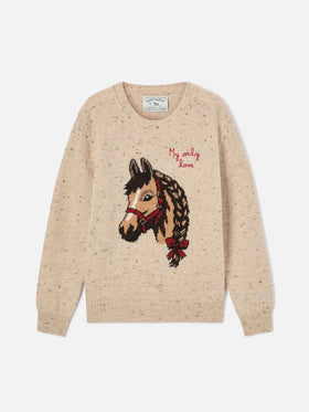 Maglia girocollo Princess beige in misto lana Donegal con intarsio cavallo e ricamo My Only Love