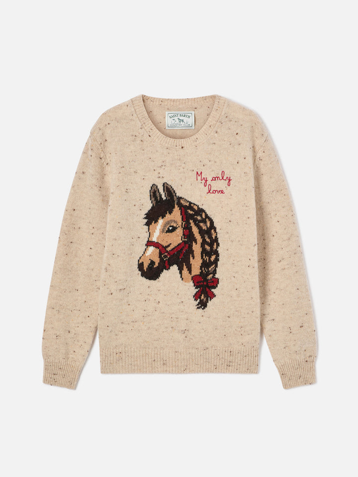Beiger Donegal-Strick-Crewneck aus Wollmischung Princess mit Pferde-Intarsie und My Only Love-Stickerei 