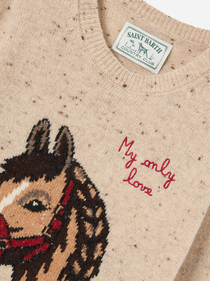 Beiger Donegal-Strick-Crewneck aus Wollmischung Princess mit Pferde-Intarsie und My Only Love-Stickerei 