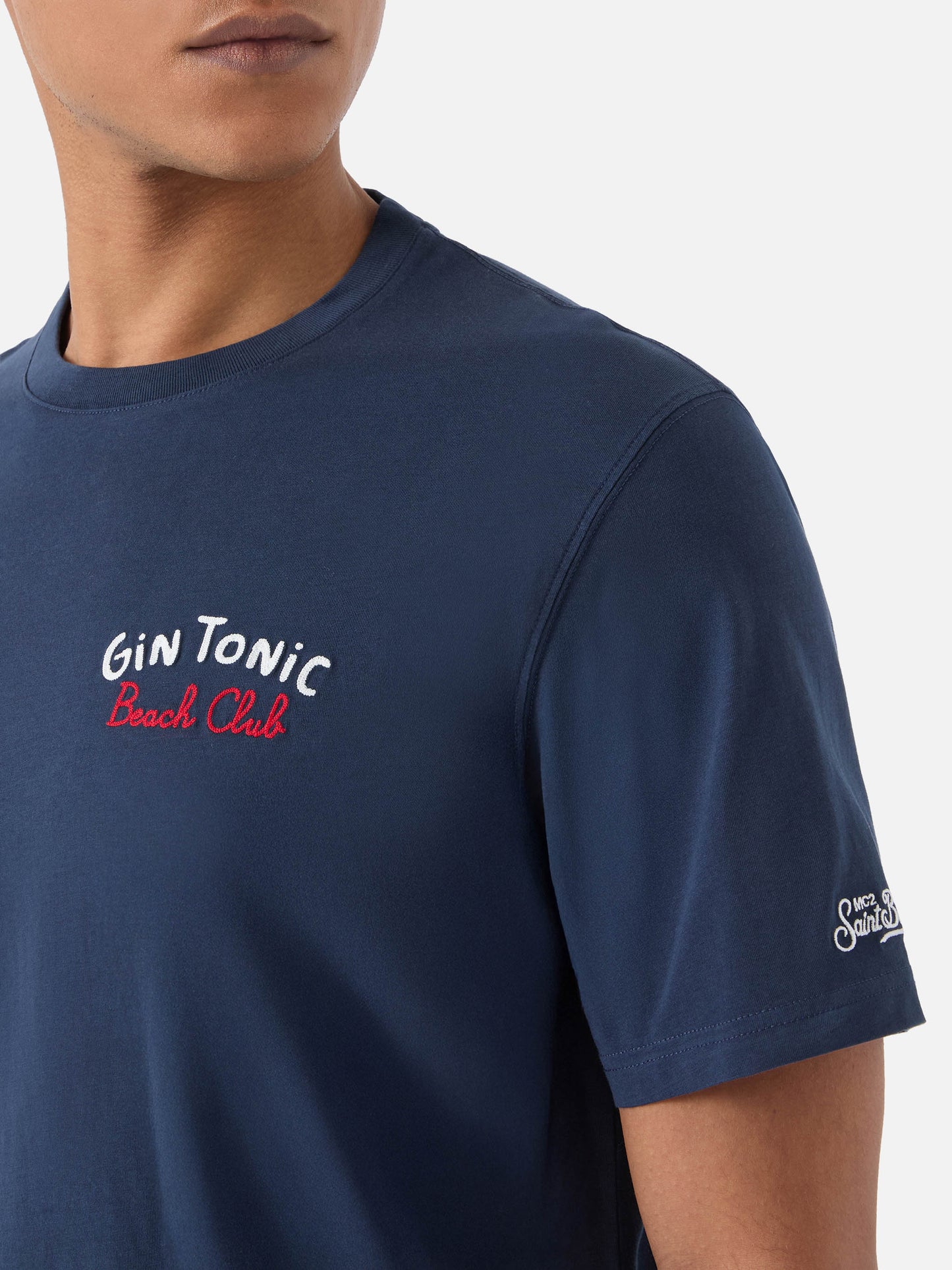 Blue Portland t-shirt with Gin Tonic Beach Club front/back embroidery