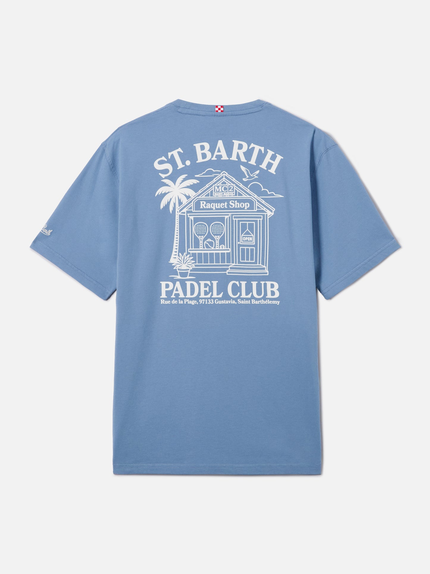 Dusty light blue Portland t-shirt with St. Barth Padel Club illustration