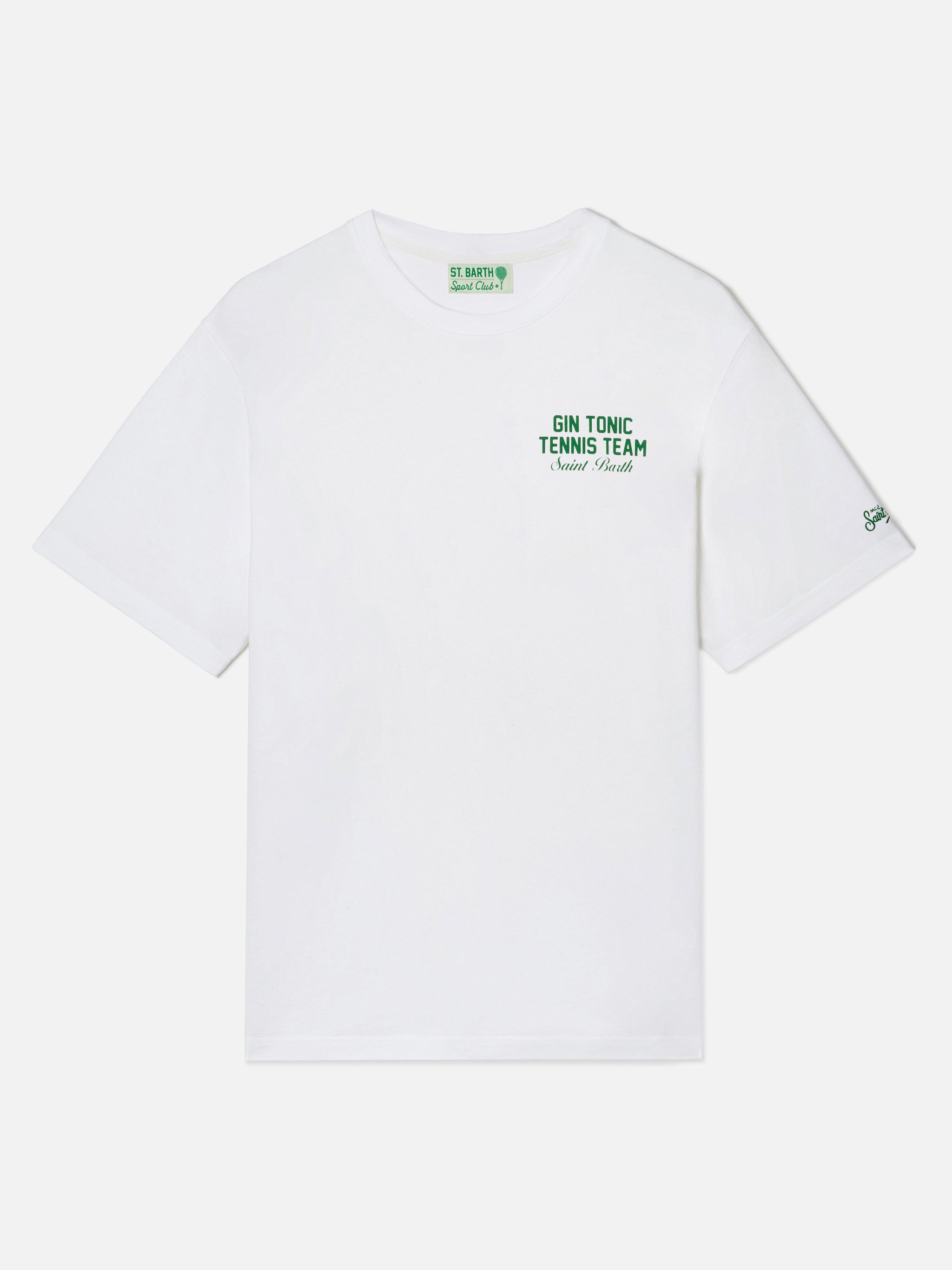 White Portland t-shirt with Gin Tonic Tennis Team illustration