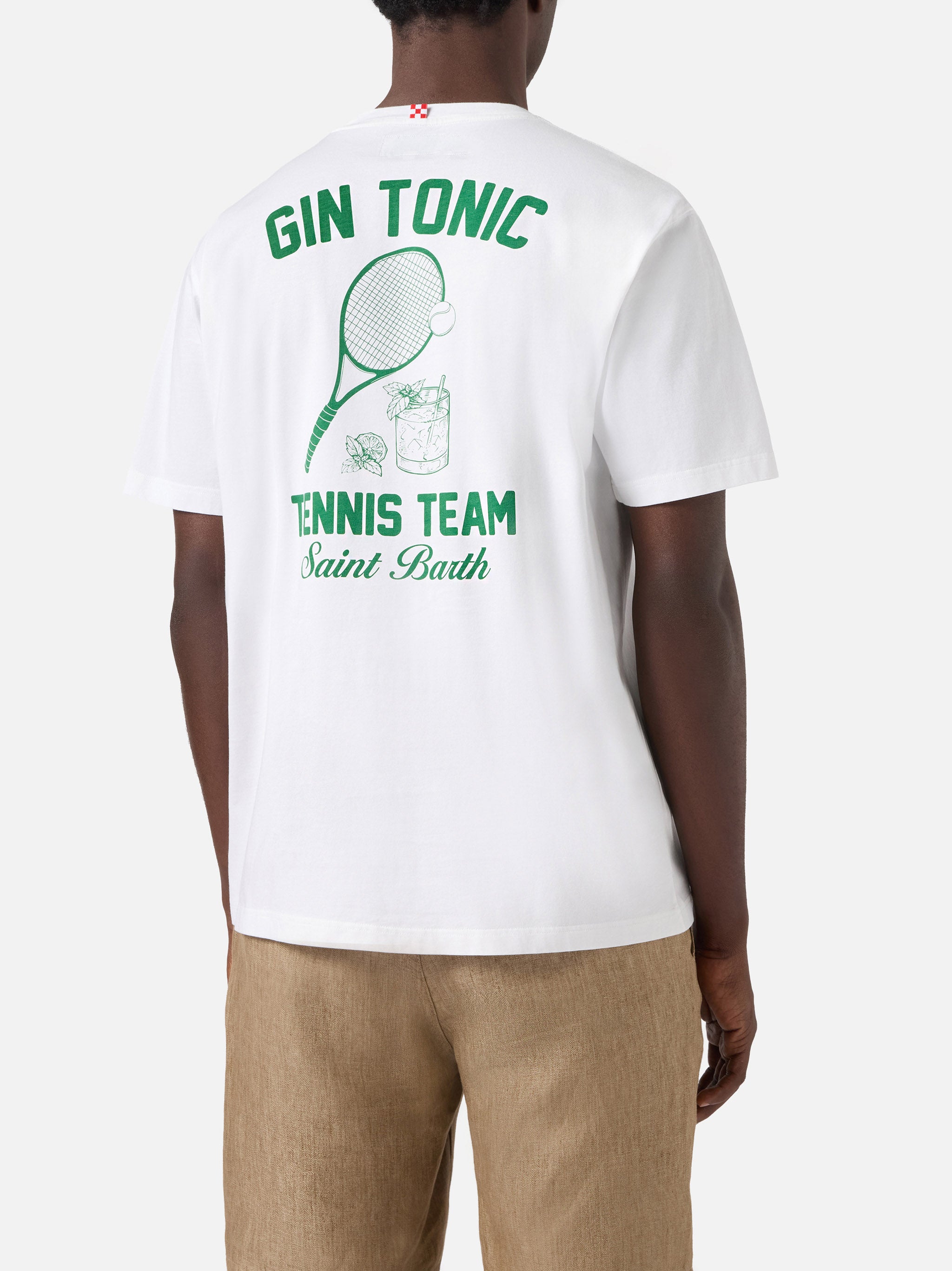 White Portland t-shirt with Gin Tonic Tennis Team illustration