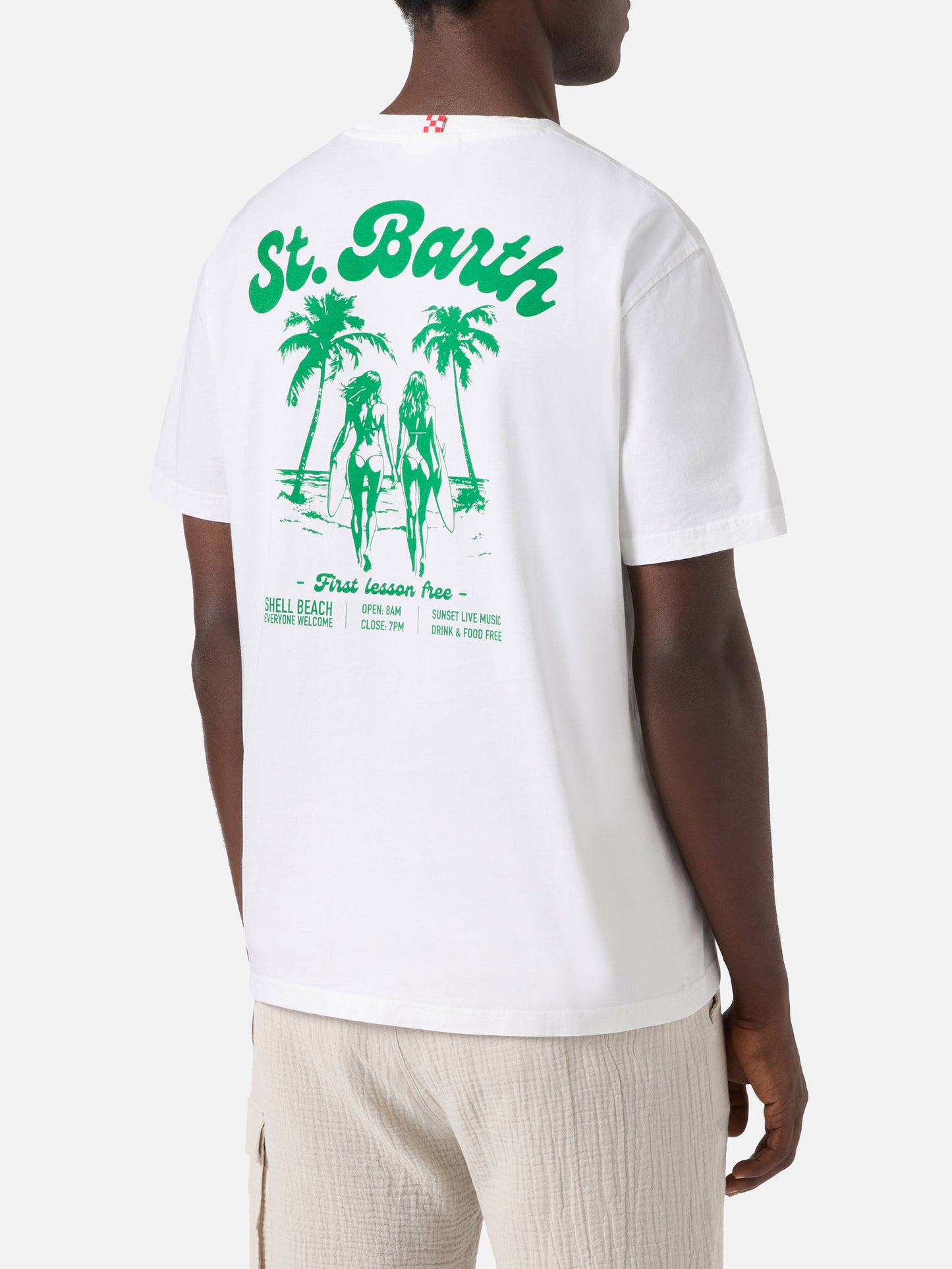 White Portland t-shirt with Surf Lessons Free print
