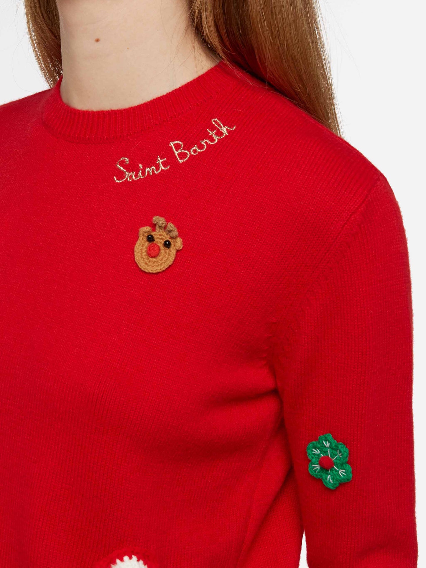 Woman brushed sweater with Christmas patches appliquèe