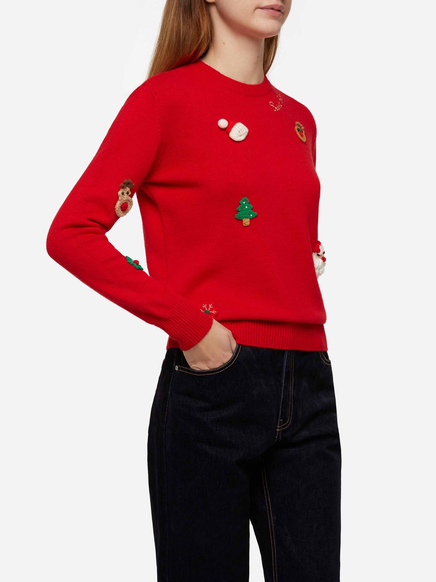 Woman brushed sweater with Christmas patches appliquèe