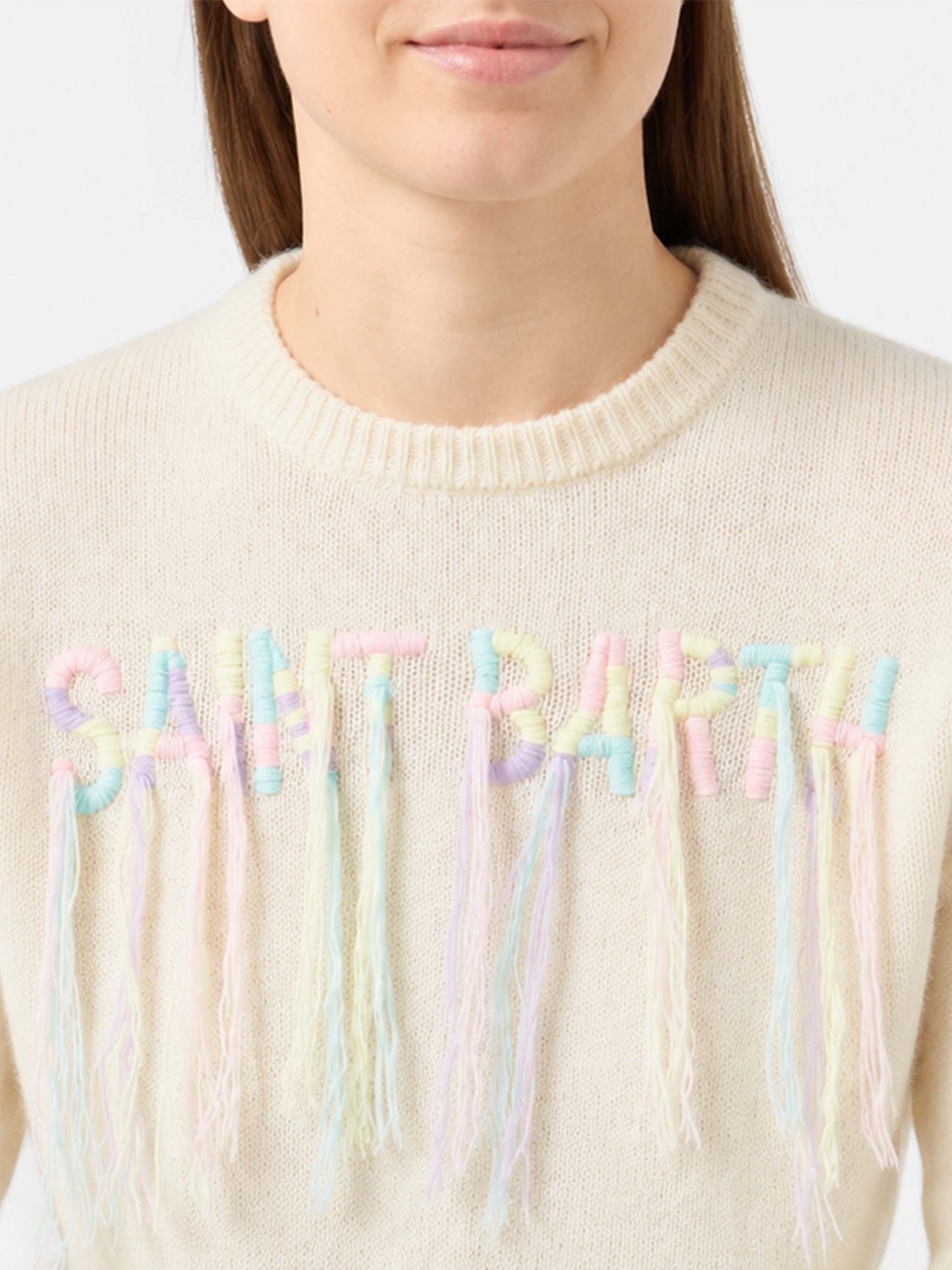Sweat-shirt ras-du-cou brossé avec broderie Saint Barth à franges 