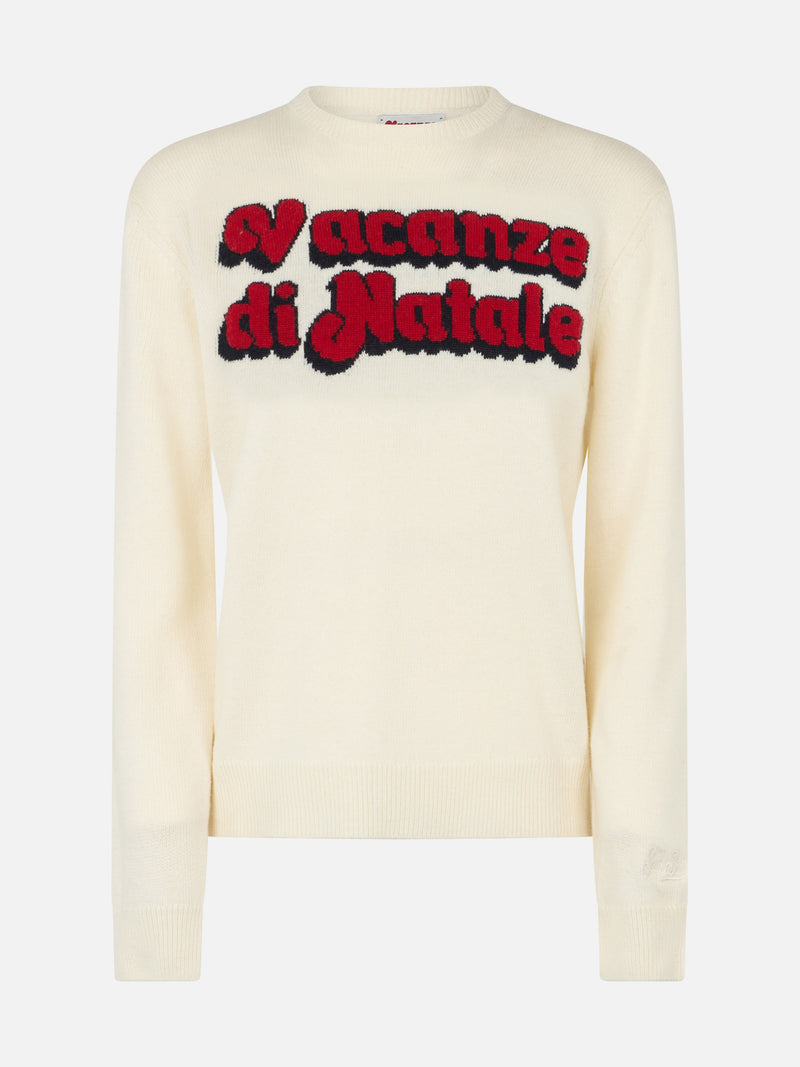 Woman white sweater New Queen with Vacanze di Natale logo print | VACANZE DI NATALE SPECIAL EDITION