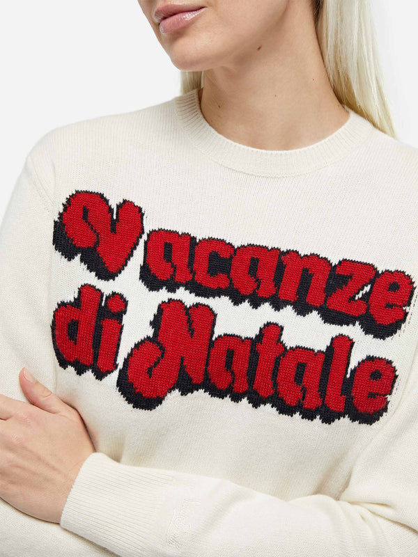 Woman white sweater New Queen with Vacanze di Natale logo print | VACANZE DI NATALE SPECIAL EDITION