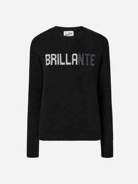 Maglione New Queen in misto cashmere nero con applicazione in strass Brillante 