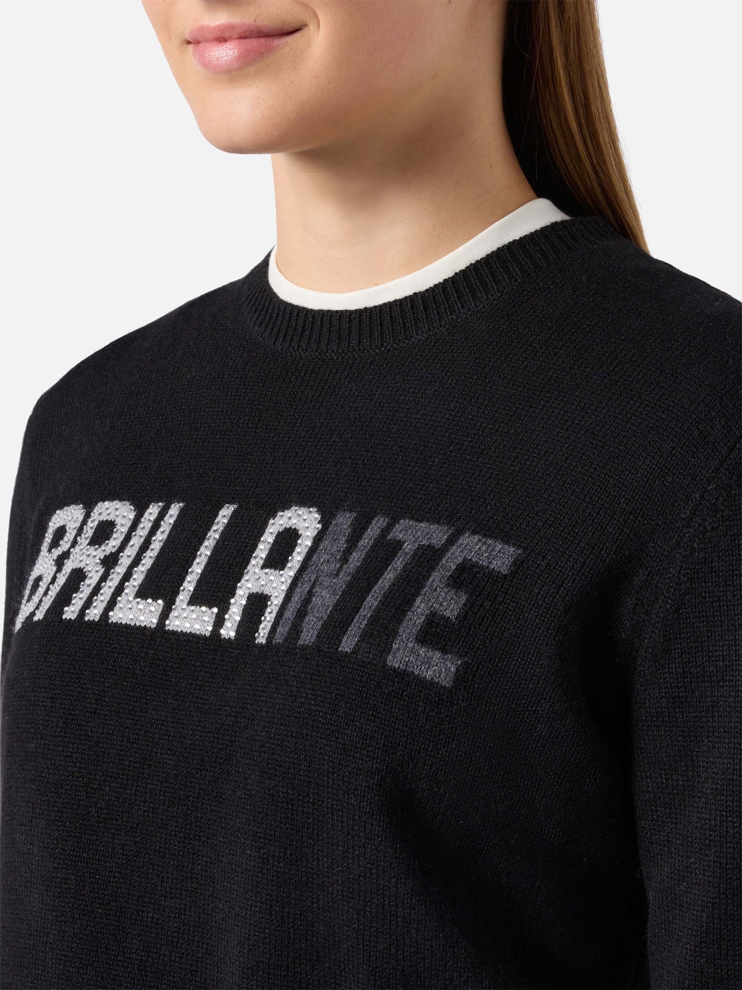 Maglione New Queen in misto cashmere nero con applicazione in strass Brillante 