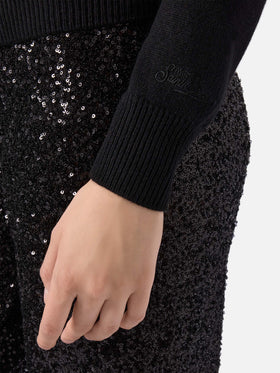 Maglione New Queen in misto cashmere nero con applicazione in strass Brillante 