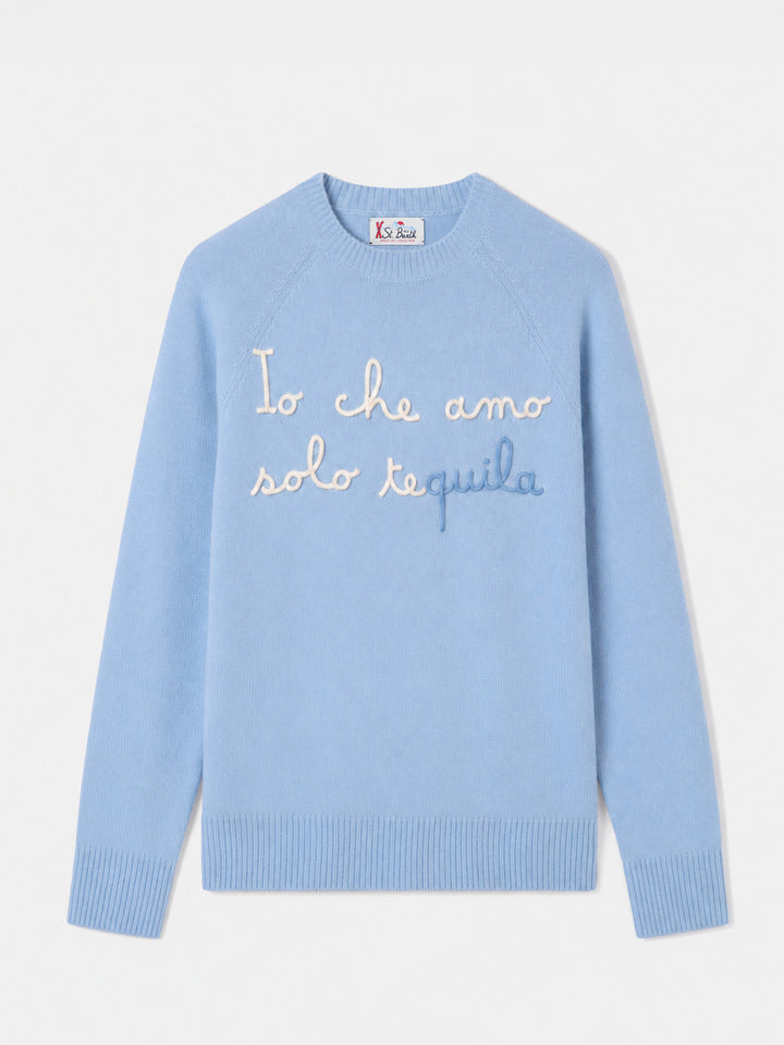 Light blue New Queen crewneck sweater with Amo solo Tequila embroidery