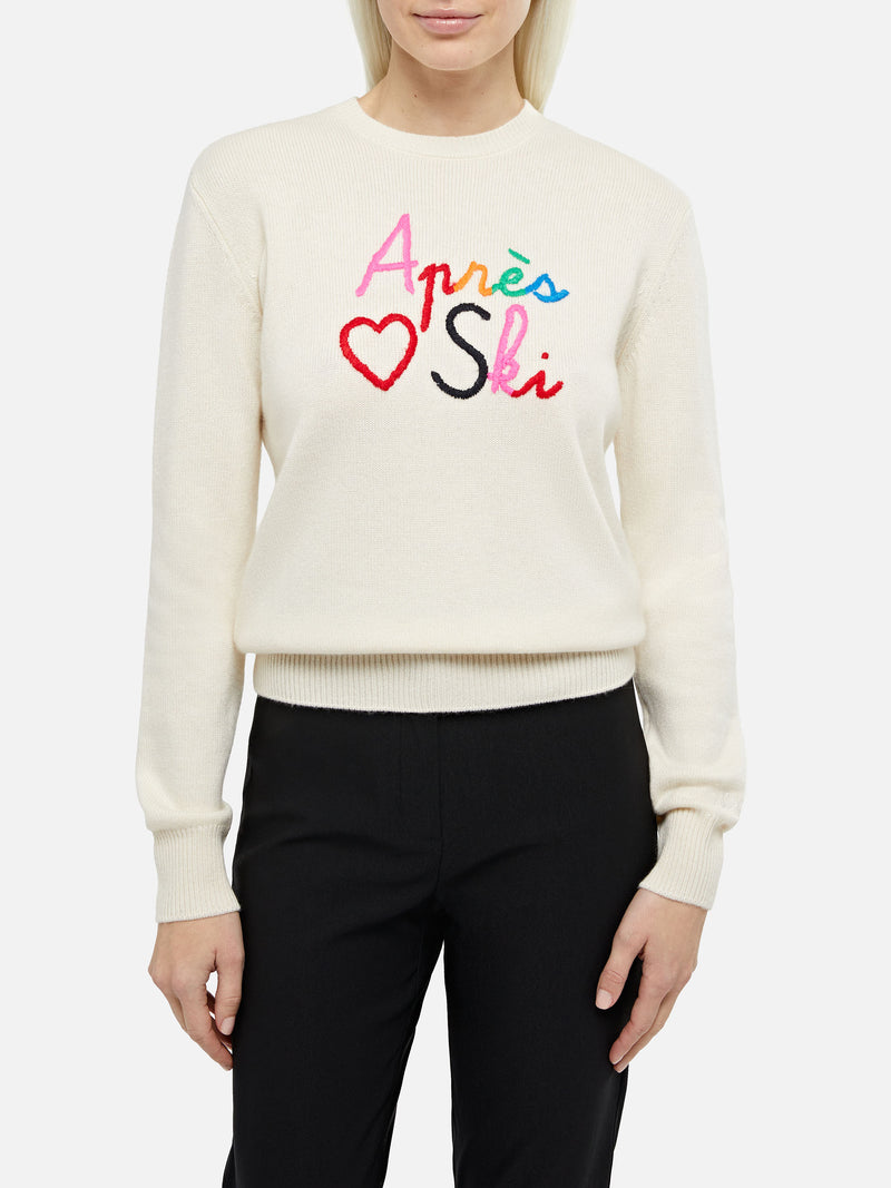 Woman white sweater New Queen with Apres love ski embroidery