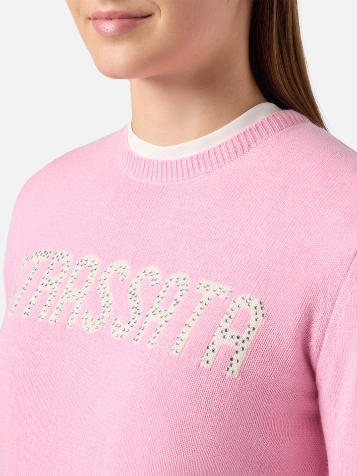 Maglione New Queen in misto cashmere rosa con applicazione in strass Strassata