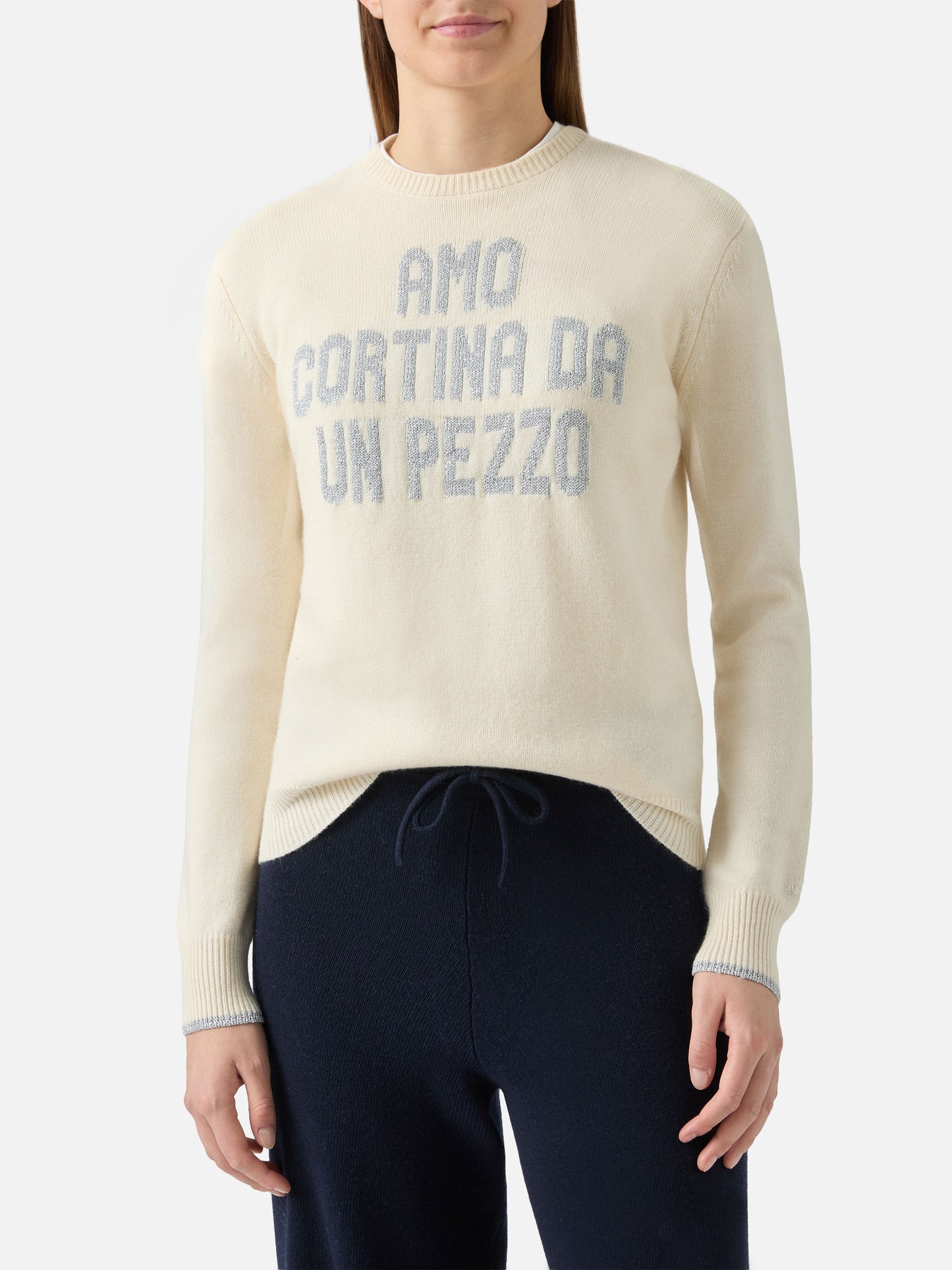 New Queen crewneck in white with Amo Cortina da un pezzo lurex jacquard