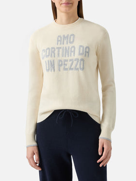 New Queen crewneck in white with Amo Cortina da un pezzo lurex jacquard