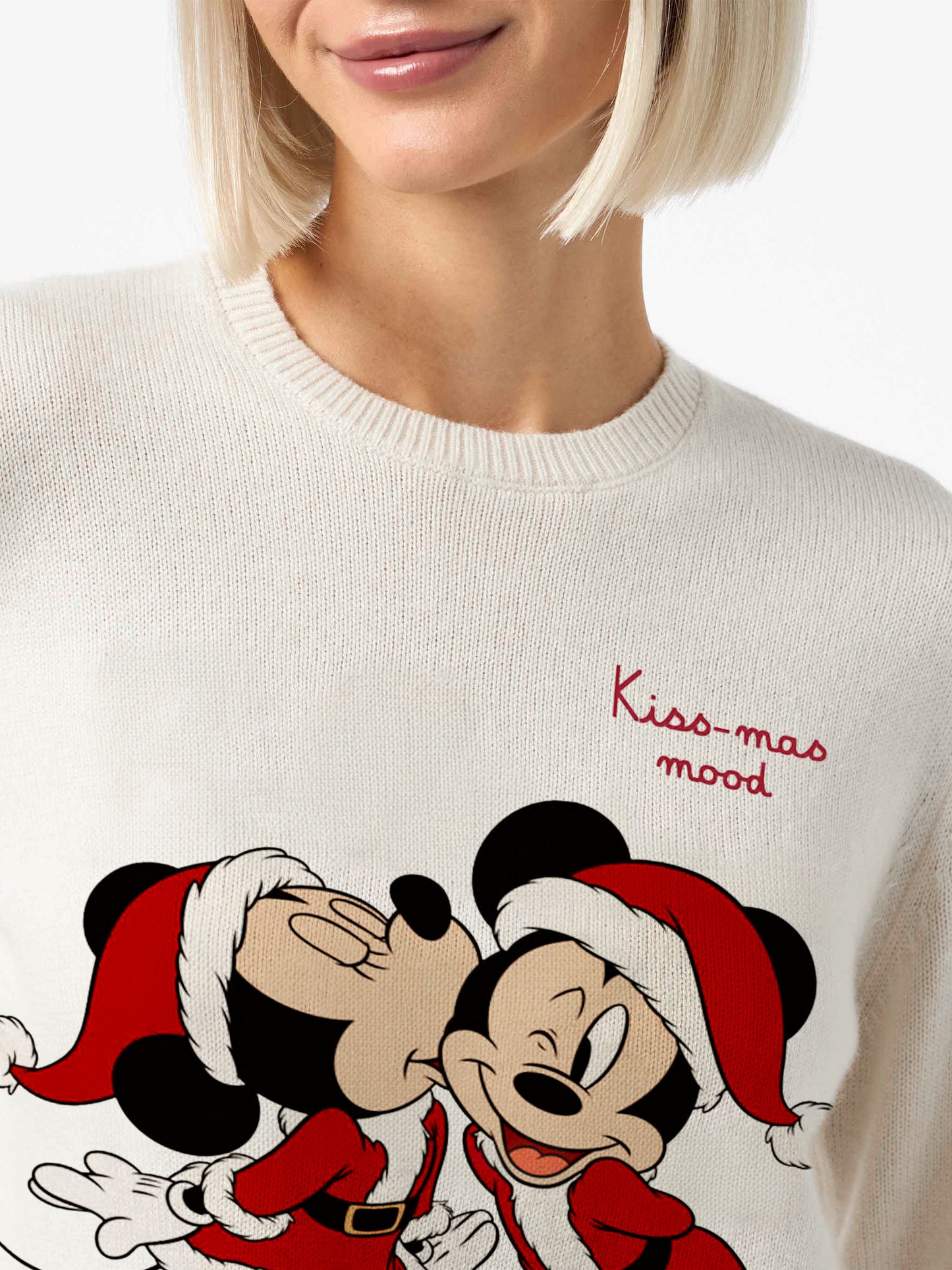 New Queen crewnwck in white with Minnie and Mickey jacquard | DISNEY SPECIAL EDITION