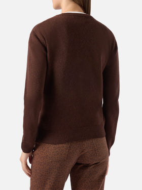 New Queen cashmere-blend sweater in brown with Ho sempre ragione jacquard