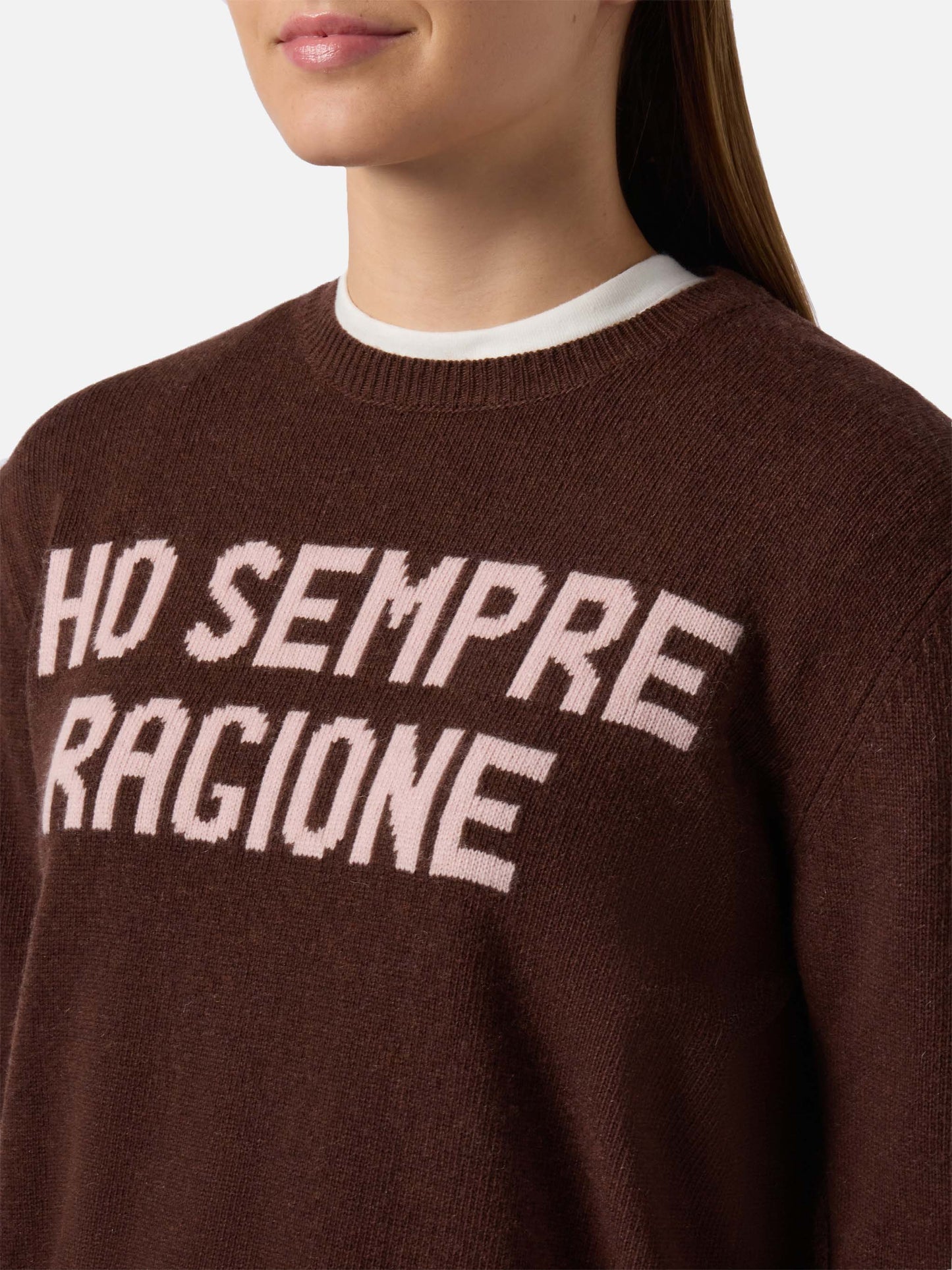 New Queen cashmere-blend sweater in brown with Ho sempre ragione jacquard