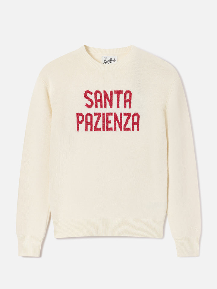 Jersey de punto con cuello redondo New Queen en blanco roto con bordado Santa Pazienza en lurex 