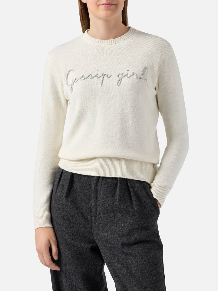 Maglione New Queen in misto cashmere bianco con ricamo lurex Gossip Girl