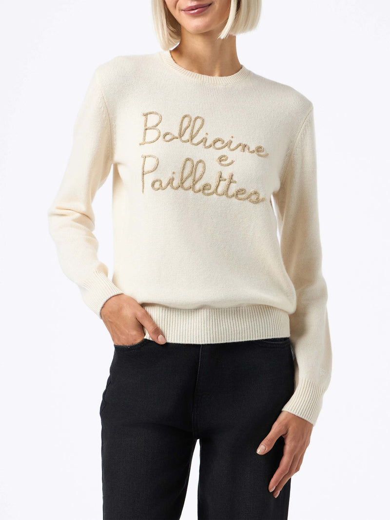 Woman beige sweater New Queen with Bollicine sequins embroidery