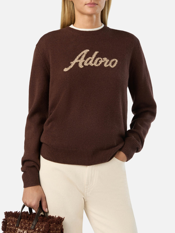 Pull ras-du-cou Brown New Queen avec broderie Adoro en strass 