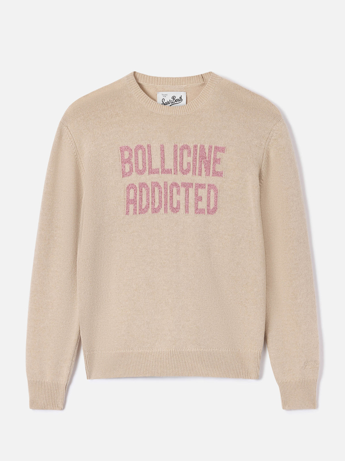 Pull col rond en maille New Queen beige avec broderie lurex Bollicine Addicted 