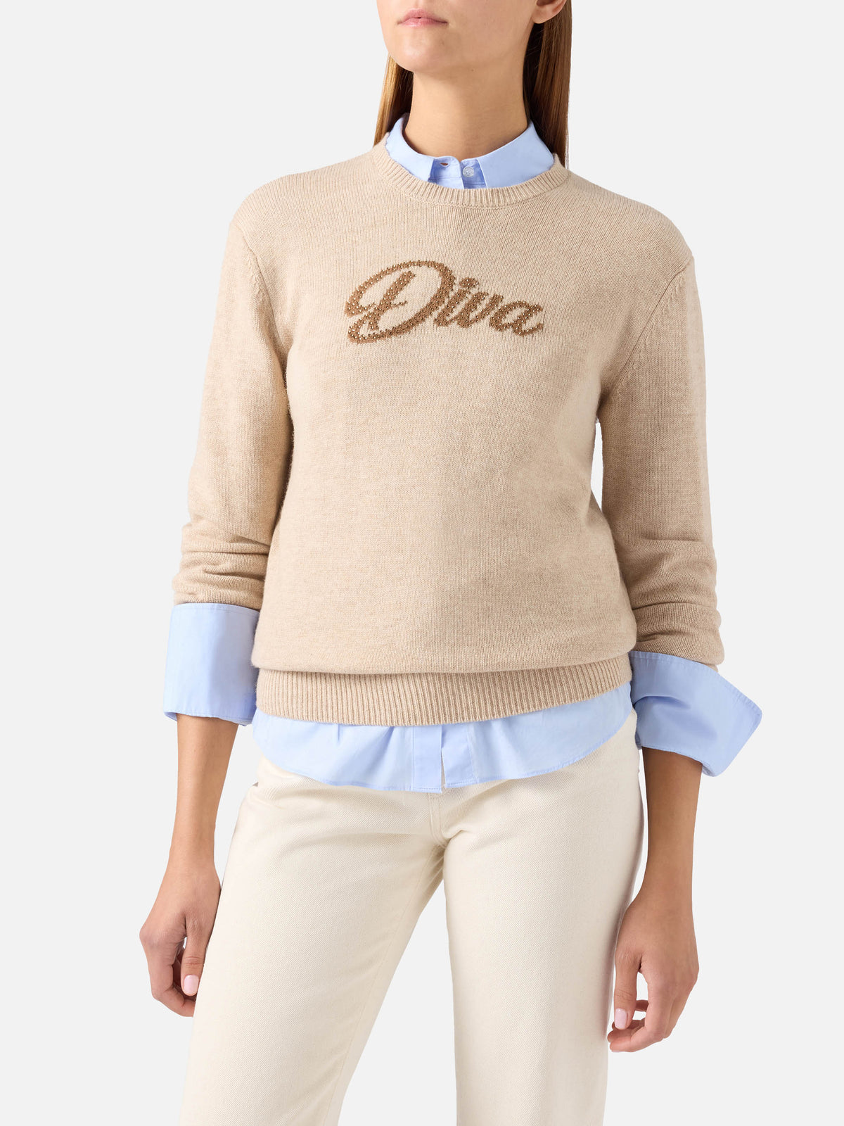 Beiger New Queen Rundhals-Strickpullover mit Diva-Strassstickerei 
