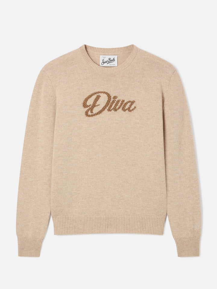 Beiger New Queen Rundhals-Strickpullover mit Diva-Strassstickerei 