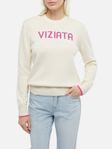 Woman white sweater New Queen with Viziata and strass print