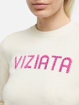 Woman white sweater New Queen with Viziata and strass print