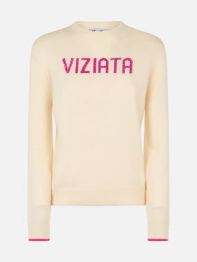 Woman white sweater New Queen with Viziata jacquard with rhinestones - MC2 Saint Barth