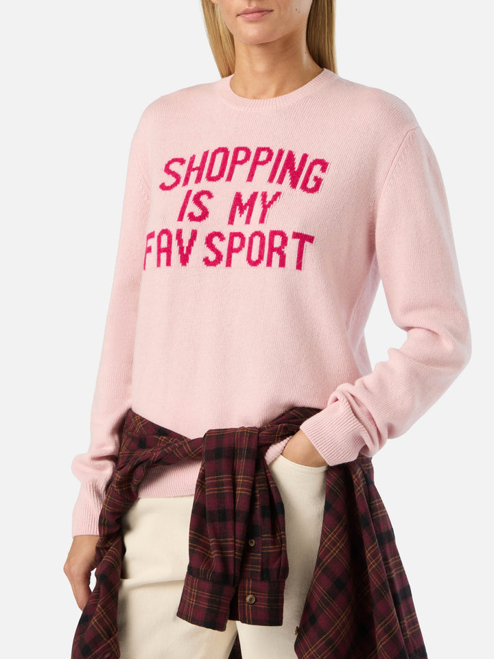 Pull rose New Queen à col rond en maille avec broderie Shopping Is My Fav Sport 
