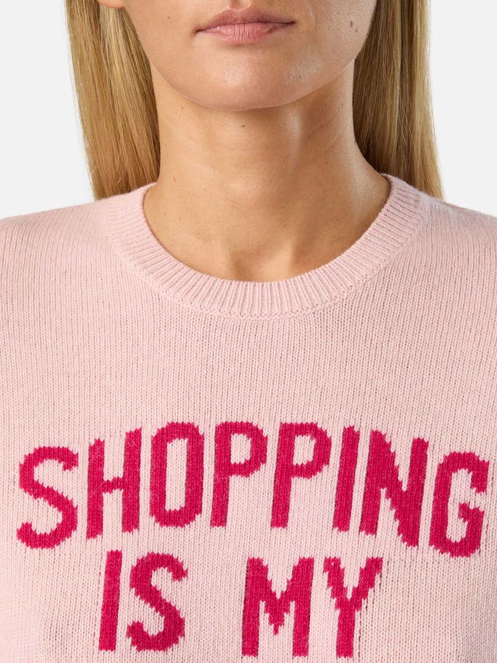Pull rose New Queen à col rond en maille avec broderie Shopping Is My Fav Sport 
