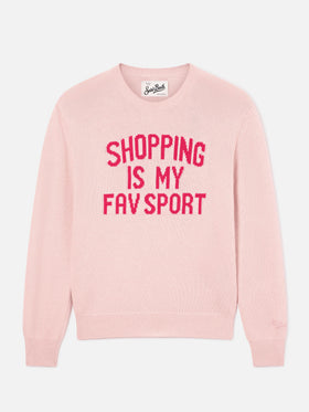 Jersey de punto con cuello redondo Pink New Queen con bordado Shopping Is My Fav Sport 