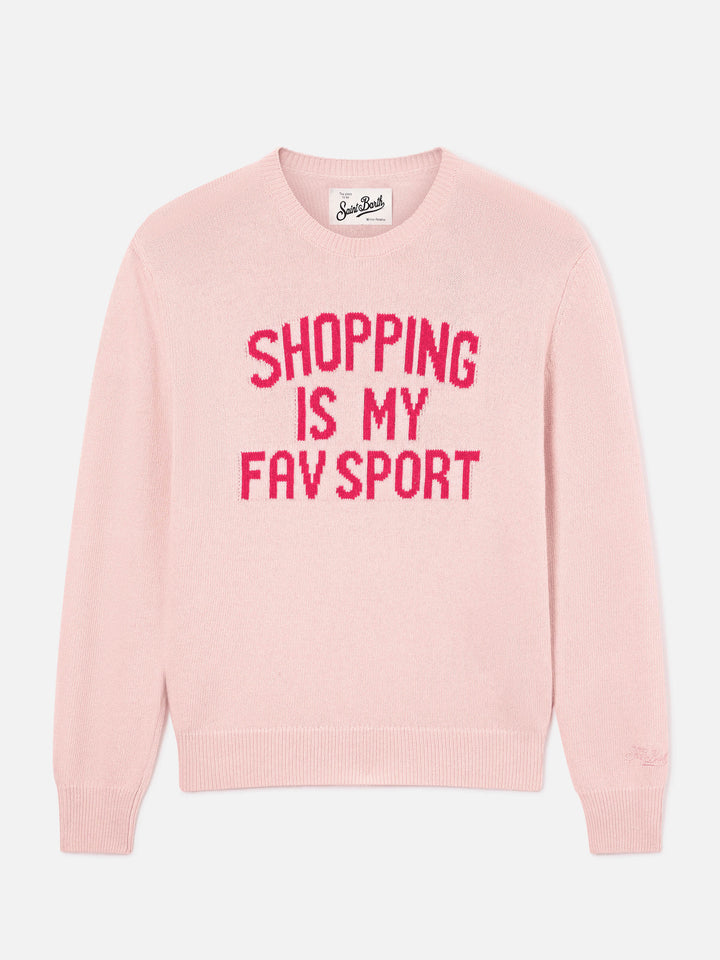Pink New Queen crewneck knit with Shopping Is My Fav Sport embroidery
