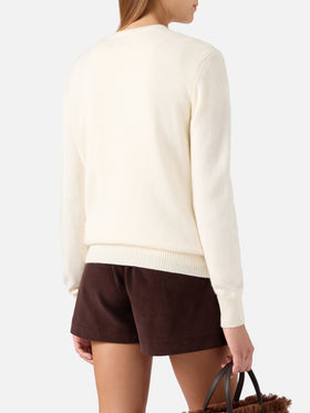 Jersey de punto de cuello redondo New Queen en color off white con bordado Splendida de strass 